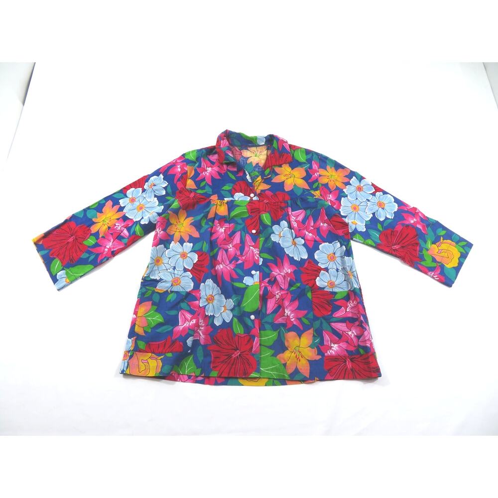 Women's Pearl Snap Blouse, Floral, Pink Blue, Hawaiian Sz L? 1980s